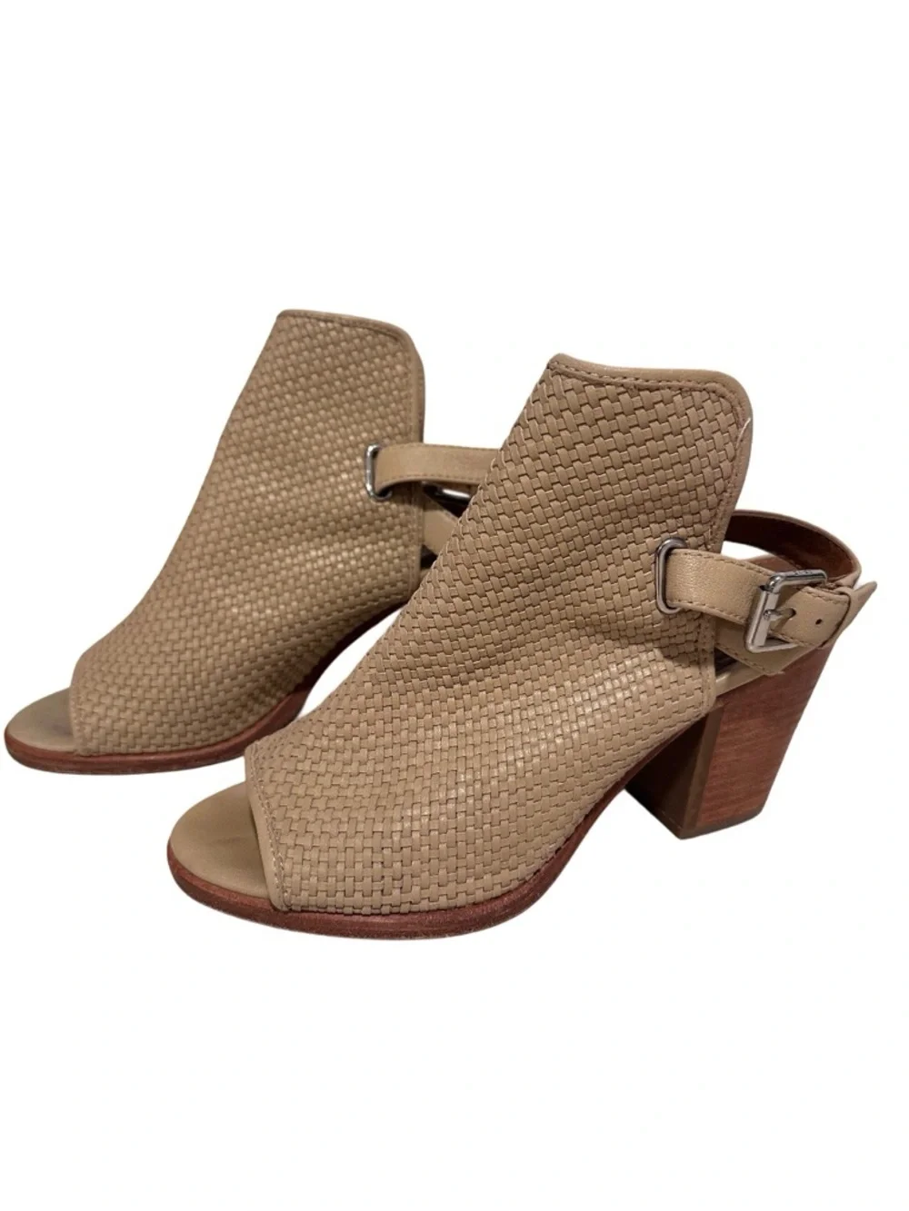 Frye Dani Woven Shield Leather Block Heel Peep Toe Sandals - Tan/Cream/Beige 8.5